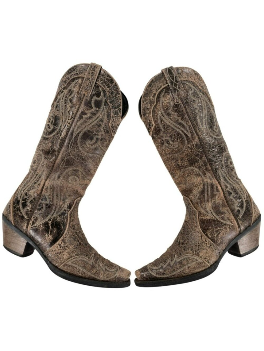 Ariat Brown Distressed Crackle Leather Western Boots Embroidered Women's Sz 8B - Picture 3 of 12